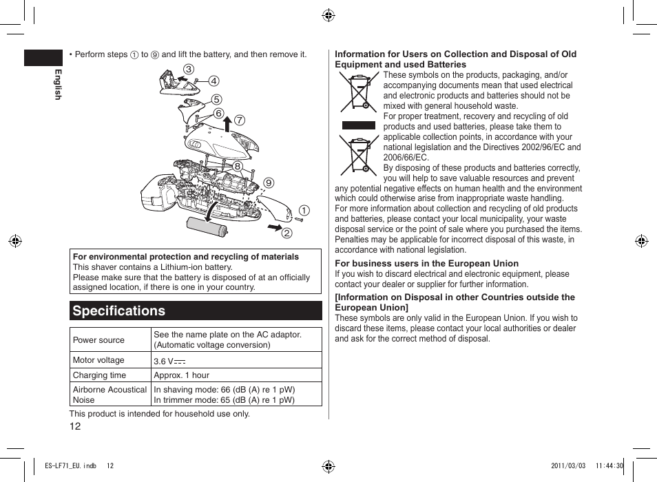 Specifications | Panasonic ESLF71 User Manual | Page 12 / 192