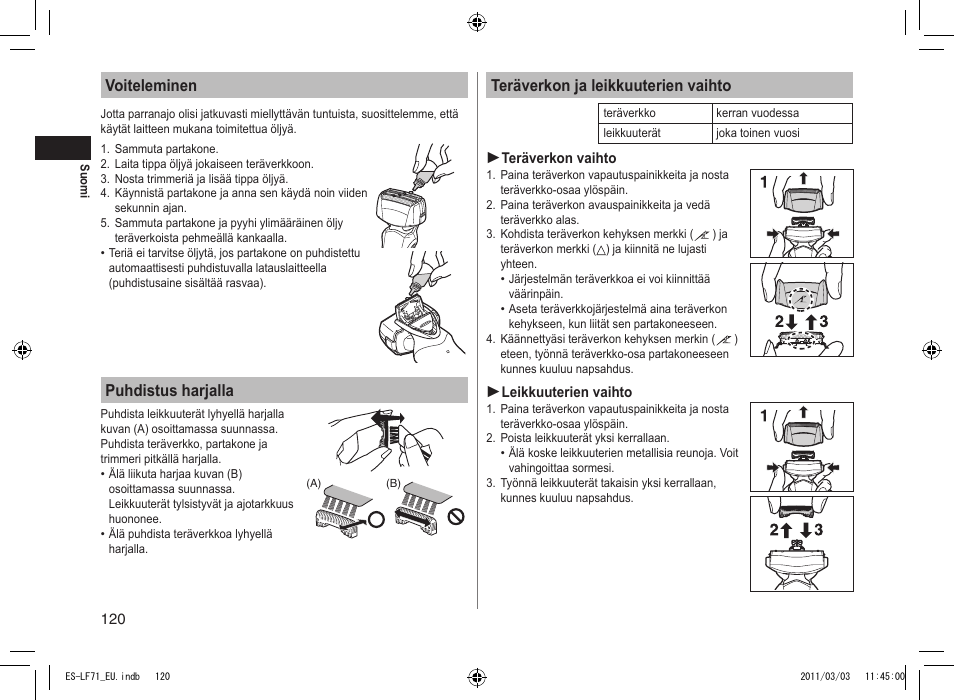 Voiteleminen, Puhdistus harjalla, Teräverkon ja leikkuuterien vaihto | Panasonic ESLF71 User Manual | Page 120 / 192