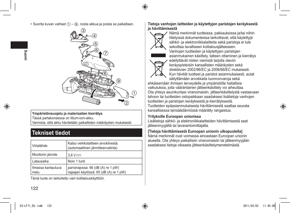 Tekniset tiedot | Panasonic ESLF71 User Manual | Page 122 / 192