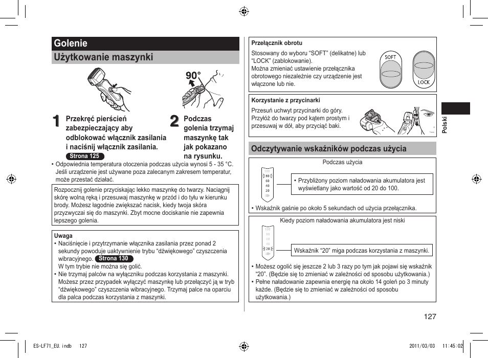 Golenie użytkowanie maszynki | Panasonic ESLF71 User Manual | Page 127 / 192