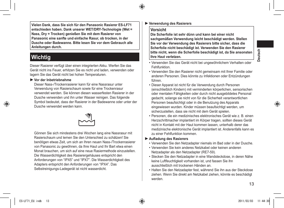 Wichtig | Panasonic ESLF71 User Manual | Page 13 / 192