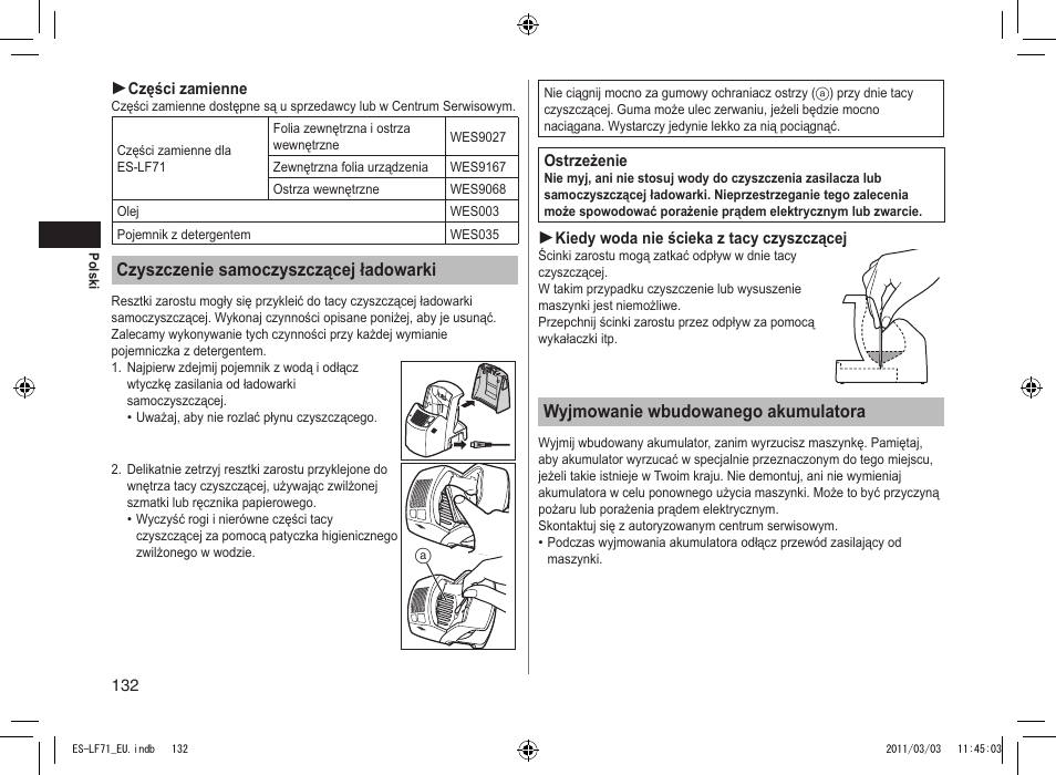 Czyszczenie samoczyszczącej ładowarki, Wyjmowanie wbudowanego akumulatora | Panasonic ESLF71 User Manual | Page 132 / 192