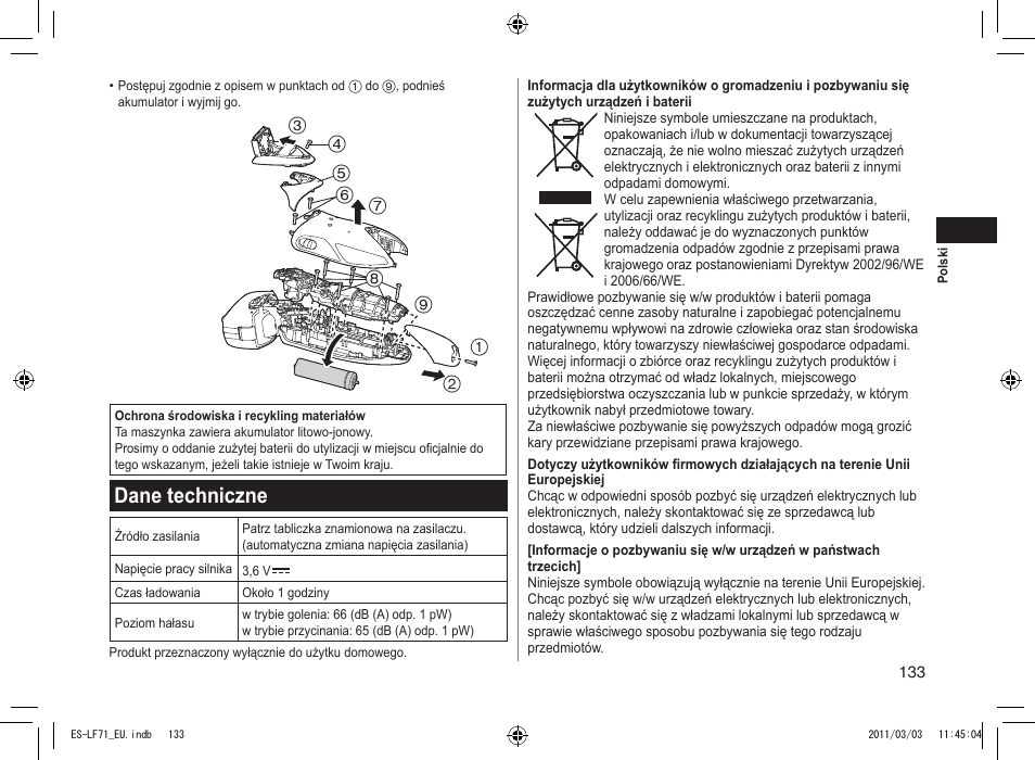 Dane techniczne | Panasonic ESLF71 User Manual | Page 133 / 192