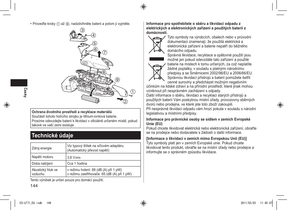 Technické údaje | Panasonic ESLF71 User Manual | Page 144 / 192