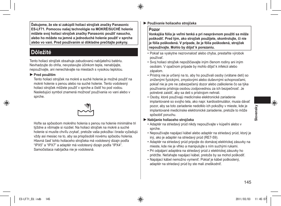 Dôležité | Panasonic ESLF71 User Manual | Page 145 / 192