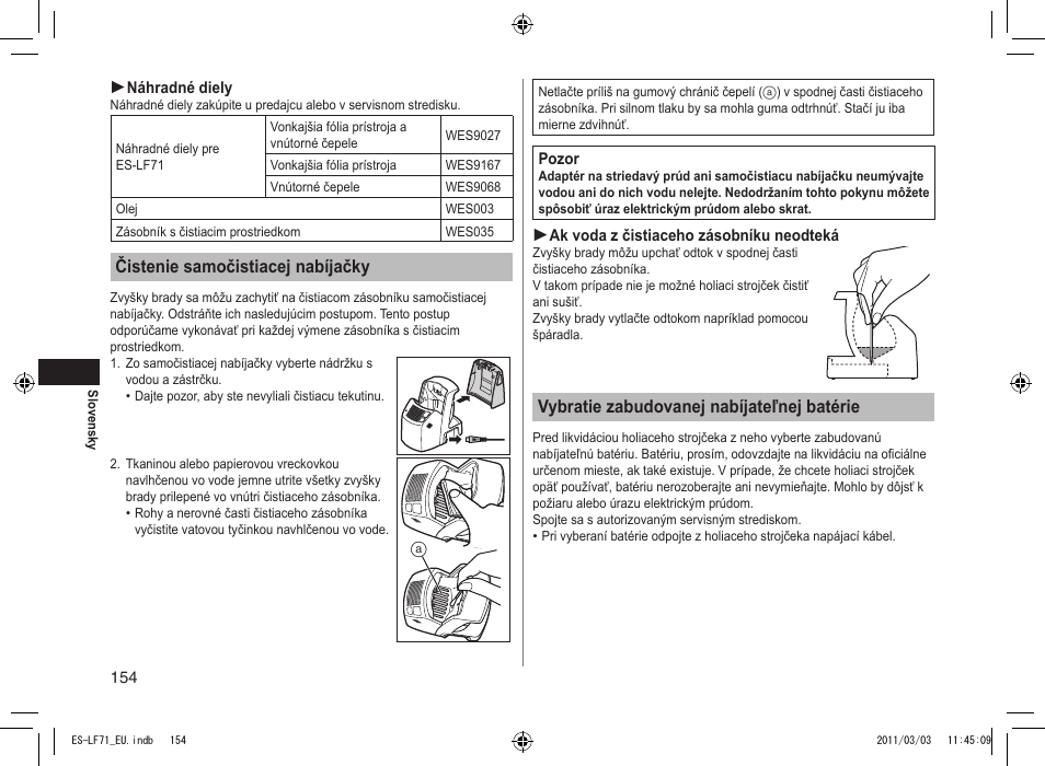 Čistenie samočistiacej nabíjačky, Vybratie zabudovanej nabíjateľnej batérie | Panasonic ESLF71 User Manual | Page 154 / 192