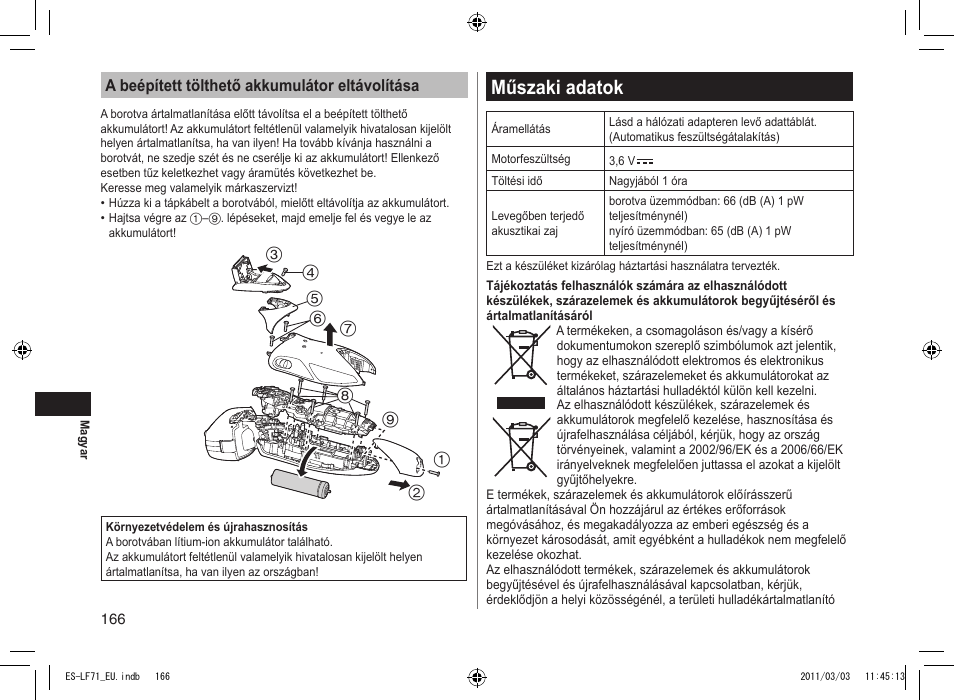 Műszaki adatok | Panasonic ESLF71 User Manual | Page 166 / 192