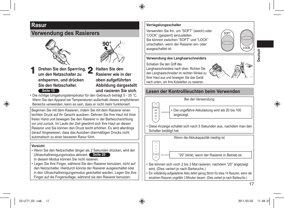 Rasur verwendung des rasierers | Panasonic ESLF71 User Manual | Page 17 / 192