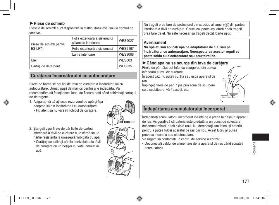 Curăţarea încărcătorului cu autocurăţare, Îndepărtarea acumulatorului încorporat | Panasonic ESLF71 User Manual | Page 177 / 192