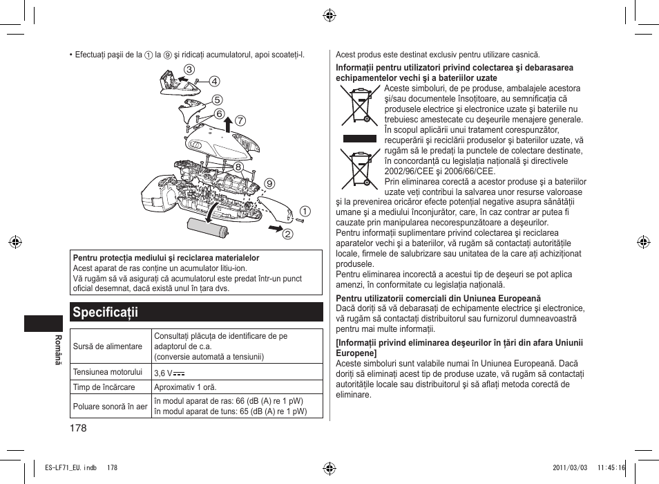 Specificaţii | Panasonic ESLF71 User Manual | Page 178 / 192