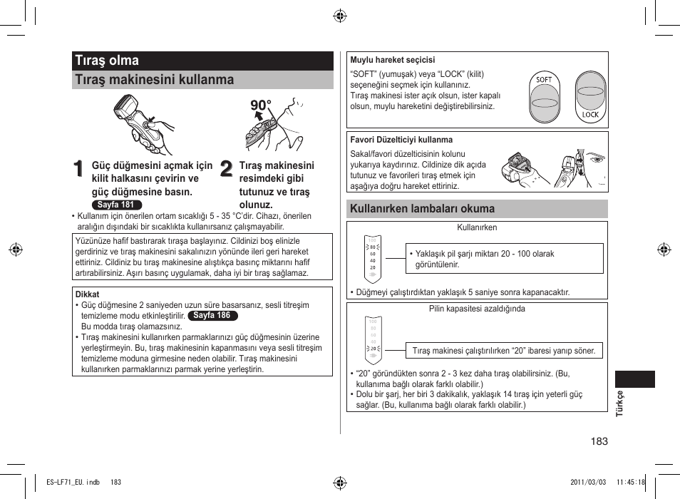 Tıraş olma tıraş makinesini kullanma | Panasonic ESLF71 User Manual | Page 183 / 192