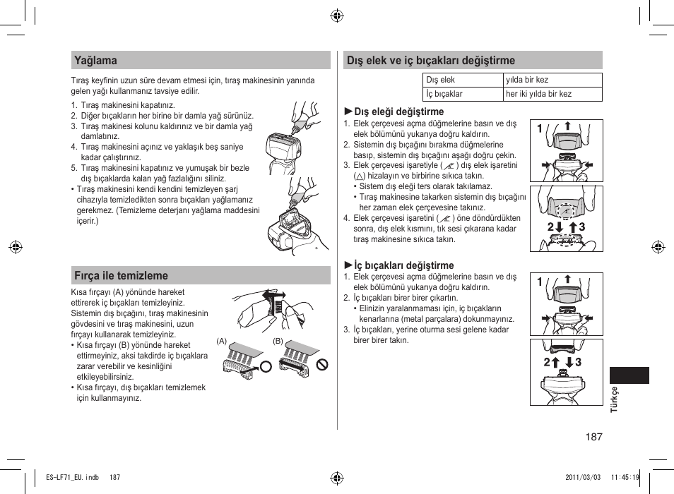 Yağlama, Fırça ile temizleme, Dış elek ve iç bıçakları değiştirme | Panasonic ESLF71 User Manual | Page 187 / 192