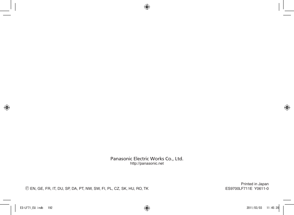 Panasonic ESLF71 User Manual | Page 192 / 192