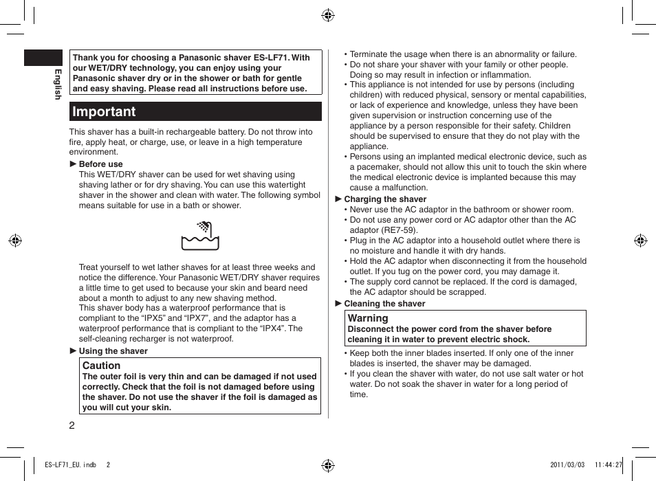 Important | Panasonic ESLF71 User Manual | Page 2 / 192