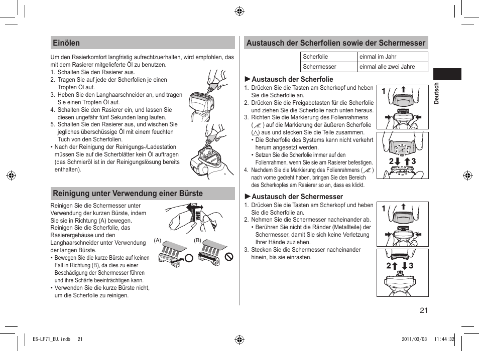 Einölen, Reinigung unter verwendung einer bürste, Austausch der scherfolien sowie der schermesser | Panasonic ESLF71 User Manual | Page 21 / 192