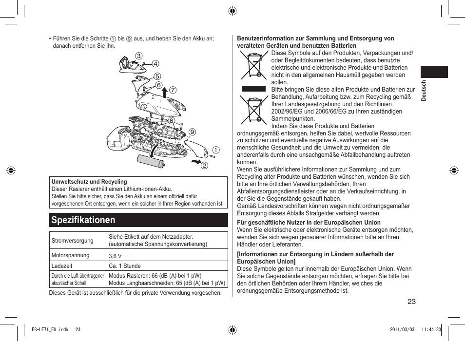 Spezifikationen | Panasonic ESLF71 User Manual | Page 23 / 192