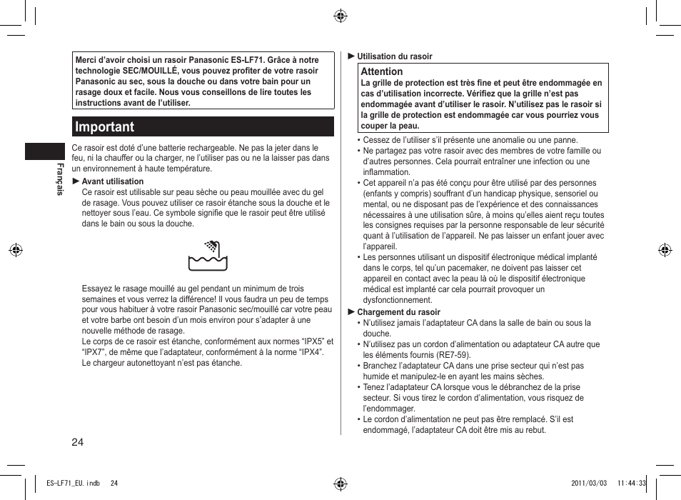 Important | Panasonic ESLF71 User Manual | Page 24 / 192