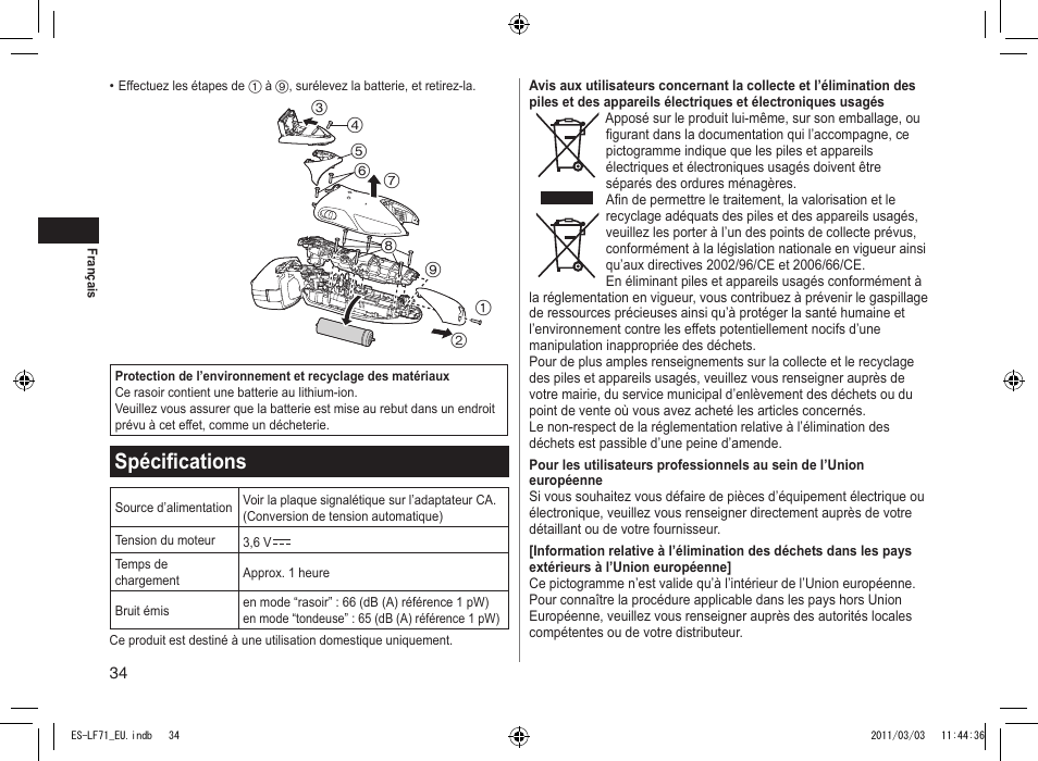 Spécifications | Panasonic ESLF71 User Manual | Page 34 / 192