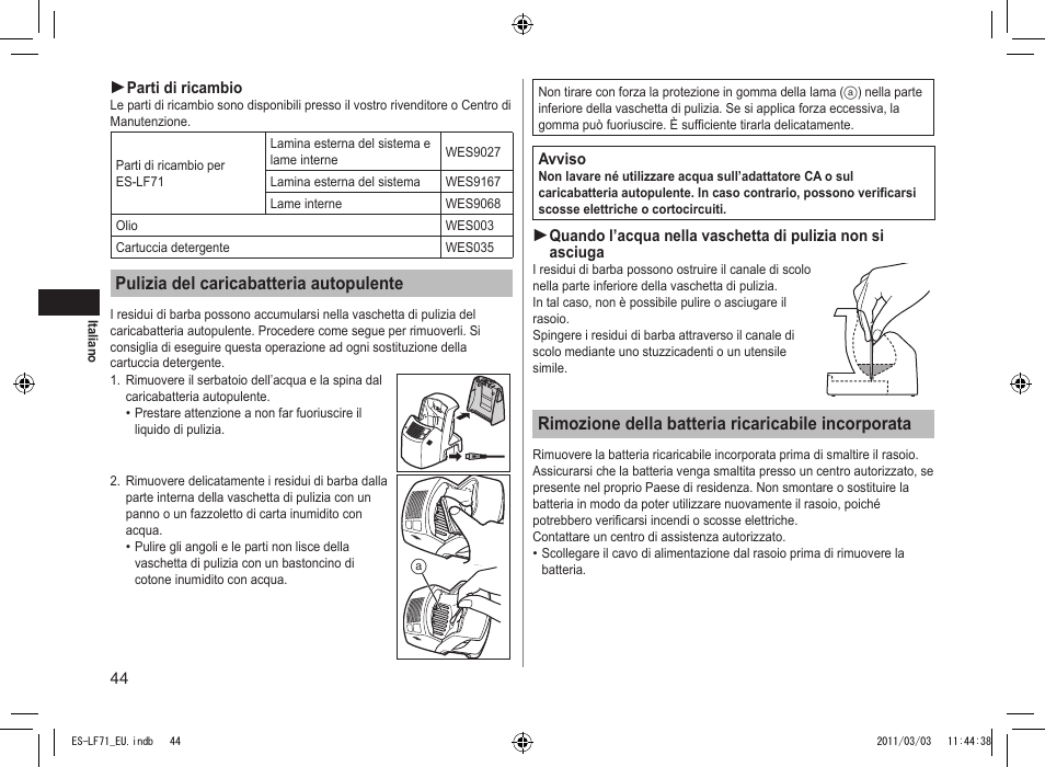 Pulizia del caricabatteria autopulente, Rimozione della batteria ricaricabile incorporata | Panasonic ESLF71 User Manual | Page 44 / 192