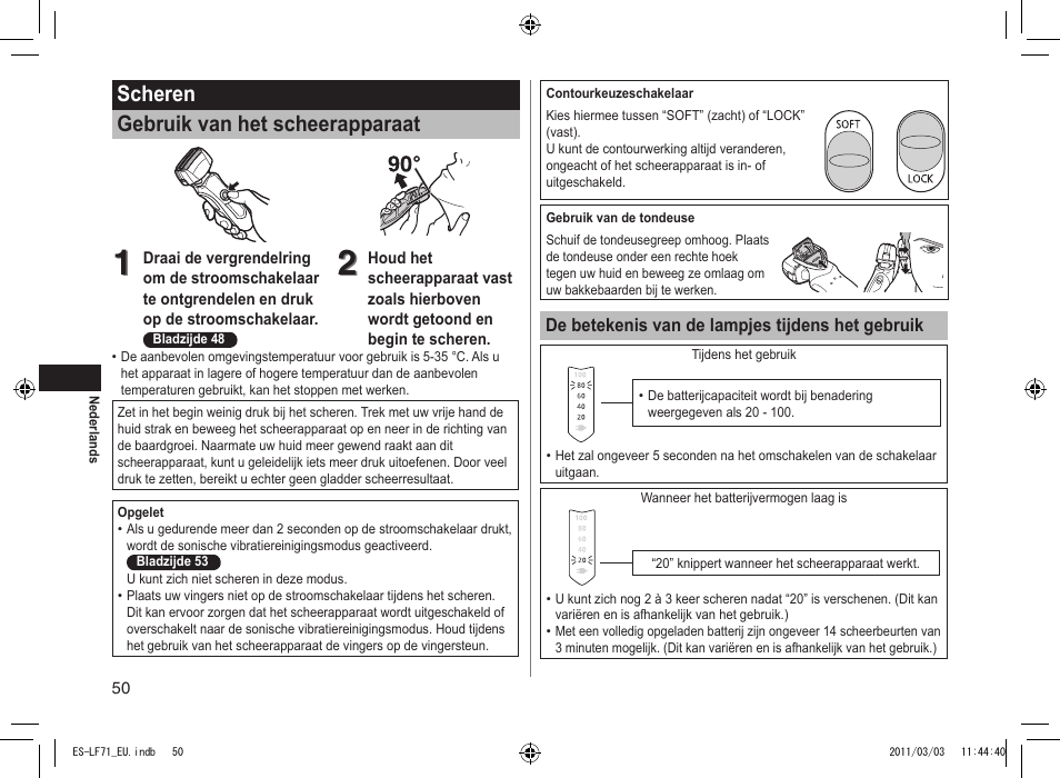 Scheren gebruik van het scheerapparaat | Panasonic ESLF71 User Manual | Page 50 / 192