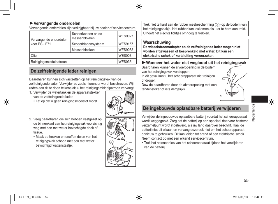 De zelfreinigende lader reinigen, De ingebouwde oplaadbare batterij verwijderen | Panasonic ESLF71 User Manual | Page 55 / 192