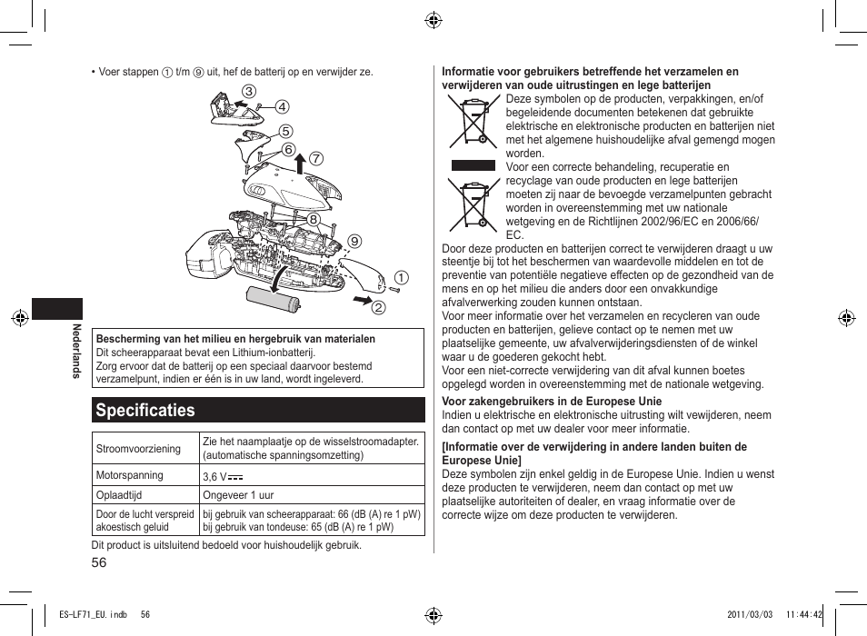 Specificaties | Panasonic ESLF71 User Manual | Page 56 / 192