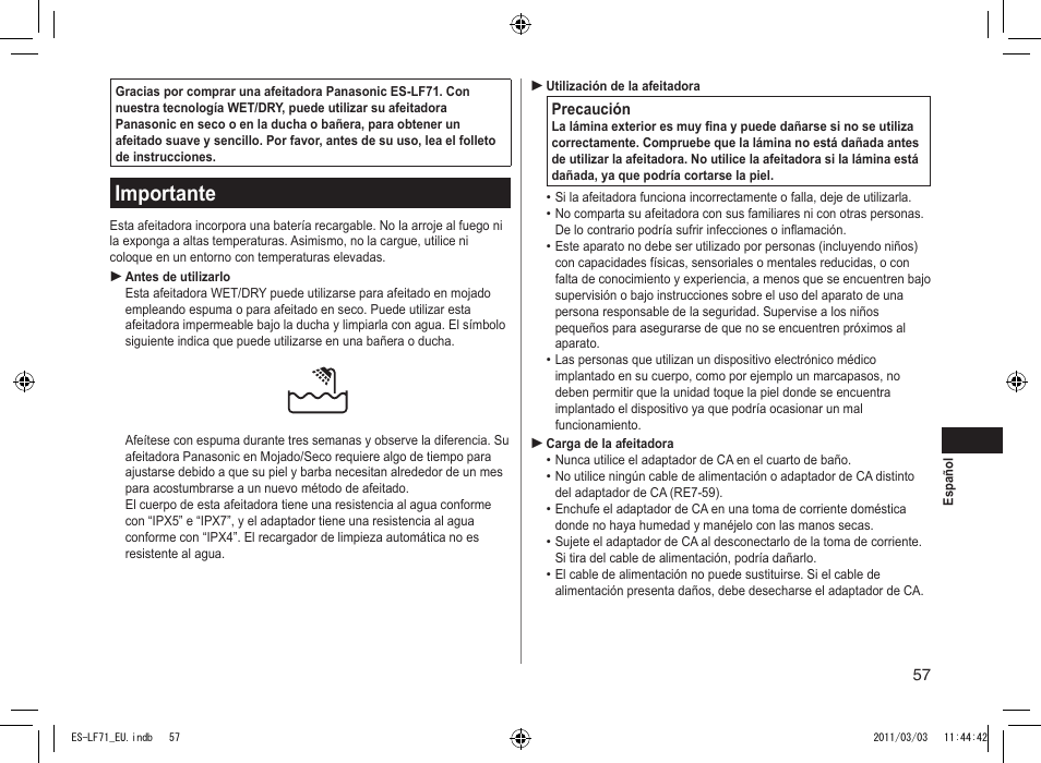 Importante | Panasonic ESLF71 User Manual | Page 57 / 192