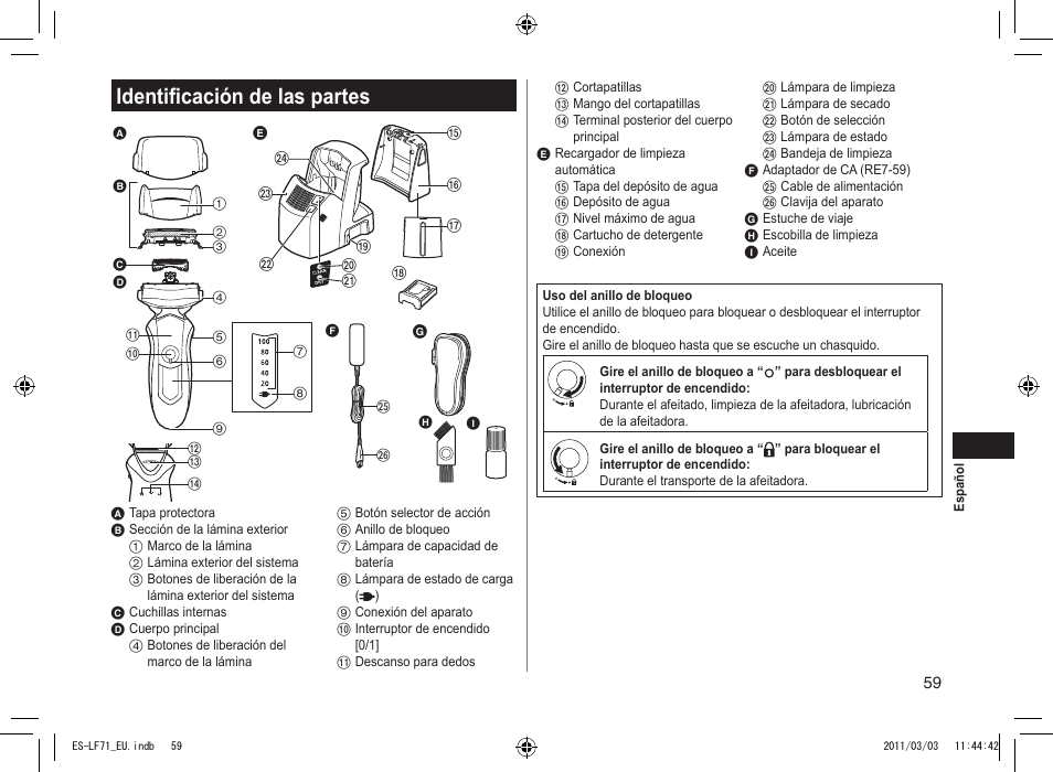 Identificación de las partes | Panasonic ESLF71 User Manual | Page 59 / 192