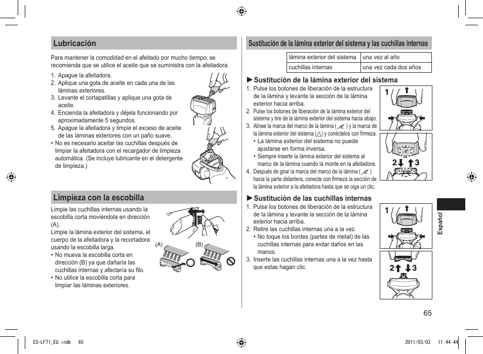Lubricación, Limpieza con la escobilla | Panasonic ESLF71 User Manual | Page 65 / 192