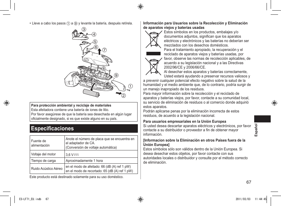 Especificaciones | Panasonic ESLF71 User Manual | Page 67 / 192