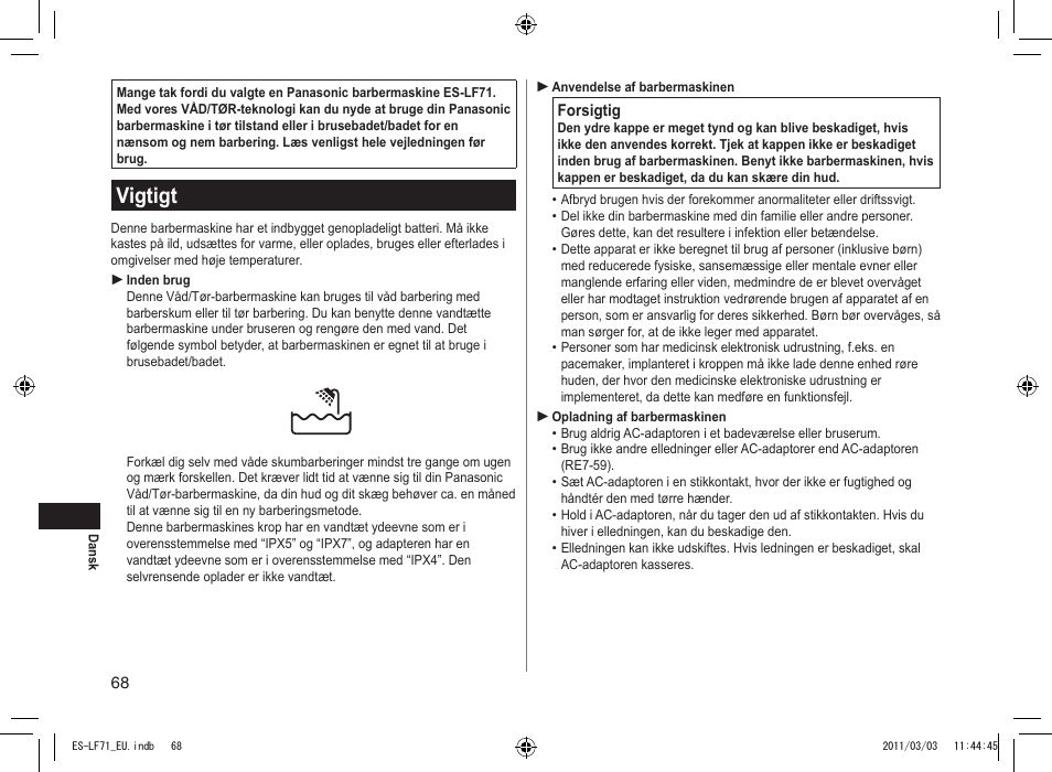 Vigtigt | Panasonic ESLF71 User Manual | Page 68 / 192