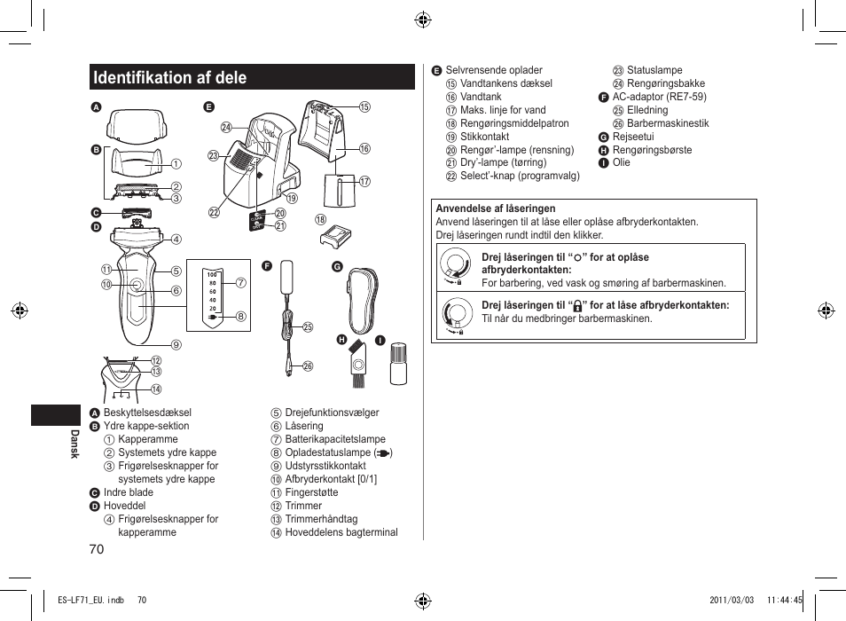 Identifikation af dele | Panasonic ESLF71 User Manual | Page 70 / 192