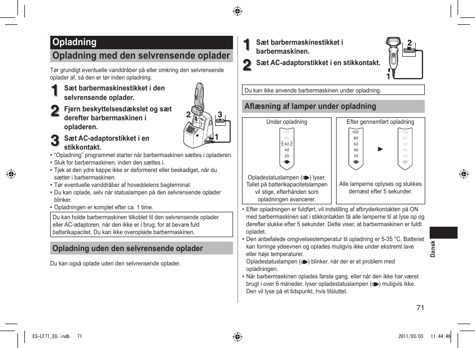 Opladning opladning med den selvrensende oplader | Panasonic ESLF71 User Manual | Page 71 / 192