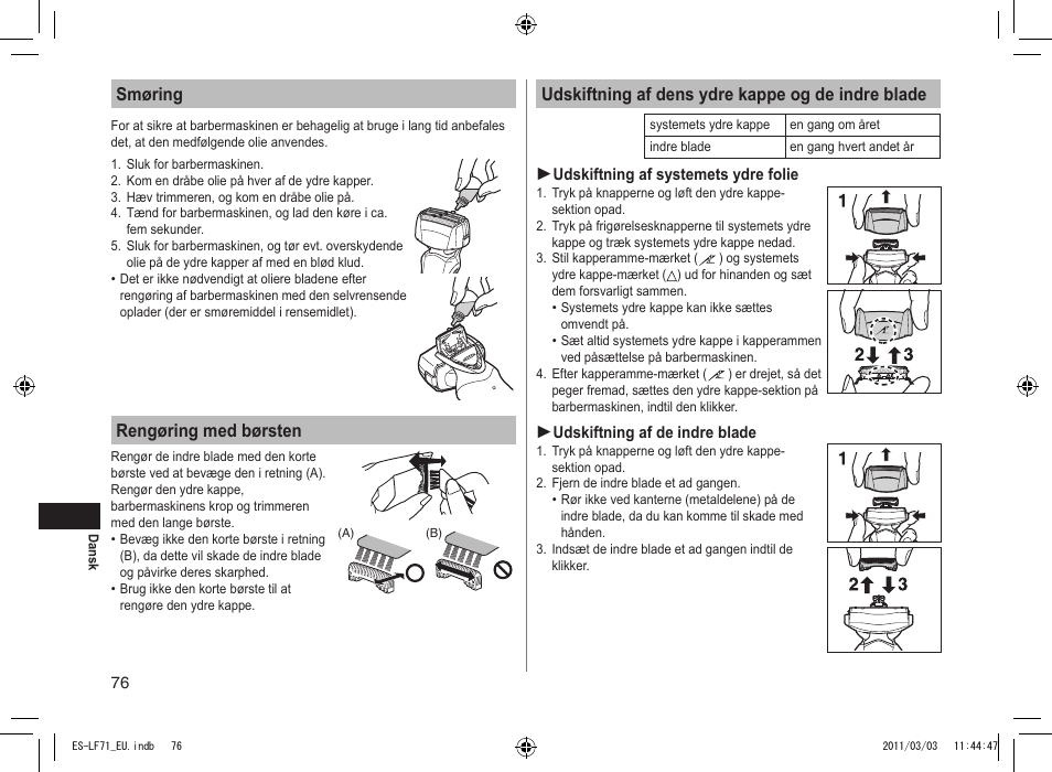 Smøring, Rengøring med børsten, Udskiftning af dens ydre kappe og de indre blade | Panasonic ESLF71 User Manual | Page 76 / 192