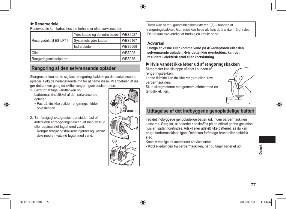 Rengøring af den selvrensende oplader, Udtagelse af det indbyggede genopladelige batteri | Panasonic ESLF71 User Manual | Page 77 / 192