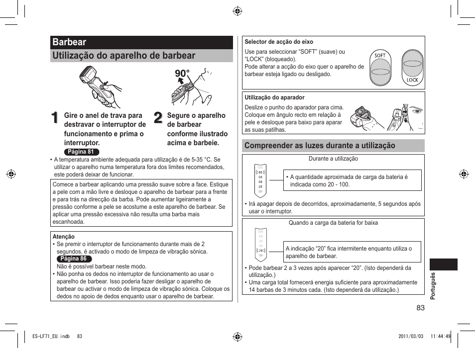 Barbear utilização do aparelho de barbear | Panasonic ESLF71 User Manual | Page 83 / 192
