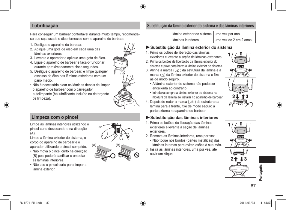 Lubrificação, Limpeza com o pincel | Panasonic ESLF71 User Manual | Page 87 / 192