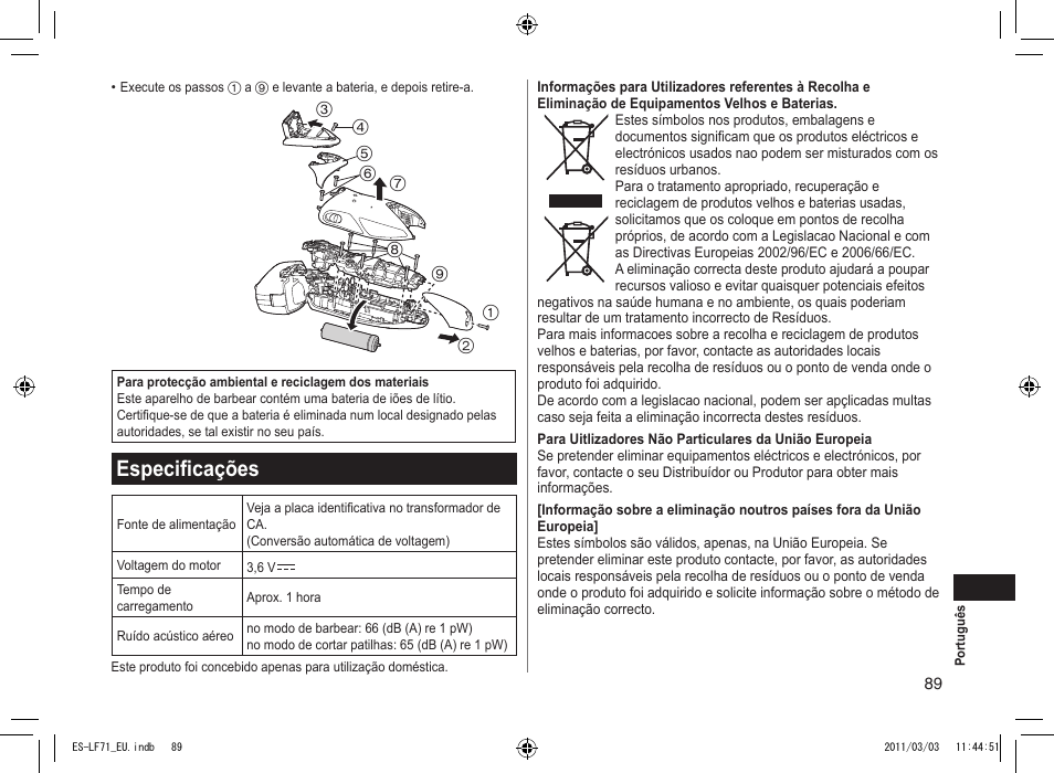 Especificações | Panasonic ESLF71 User Manual | Page 89 / 192