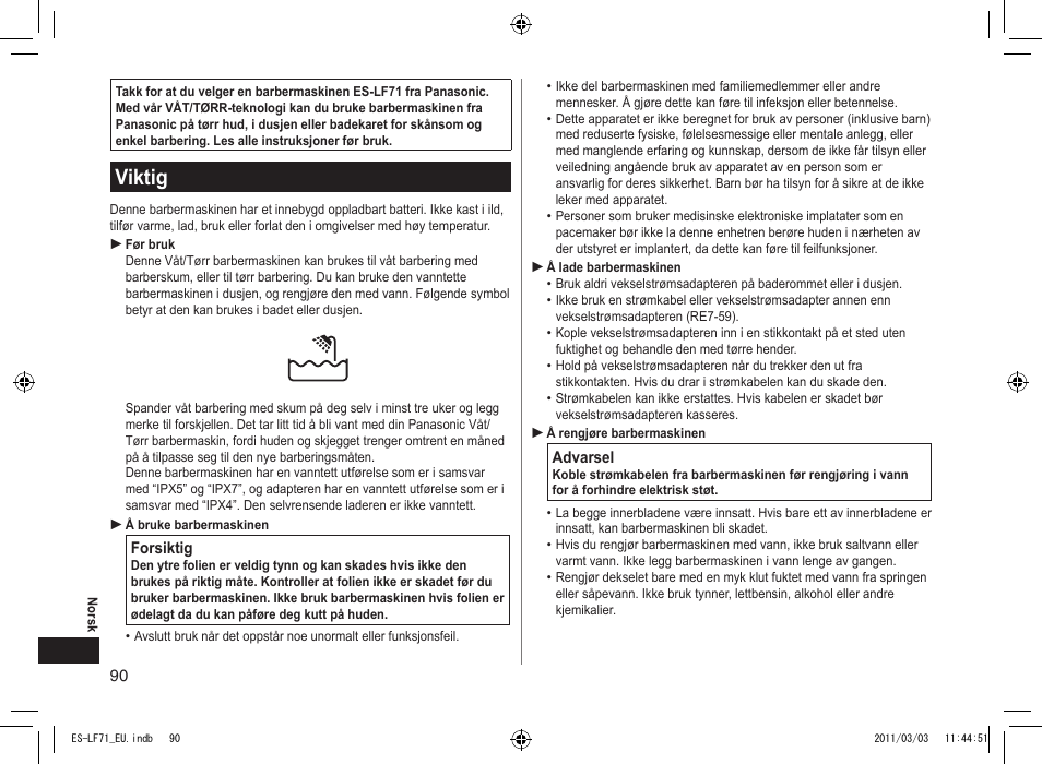 Viktig | Panasonic ESLF71 User Manual | Page 90 / 192