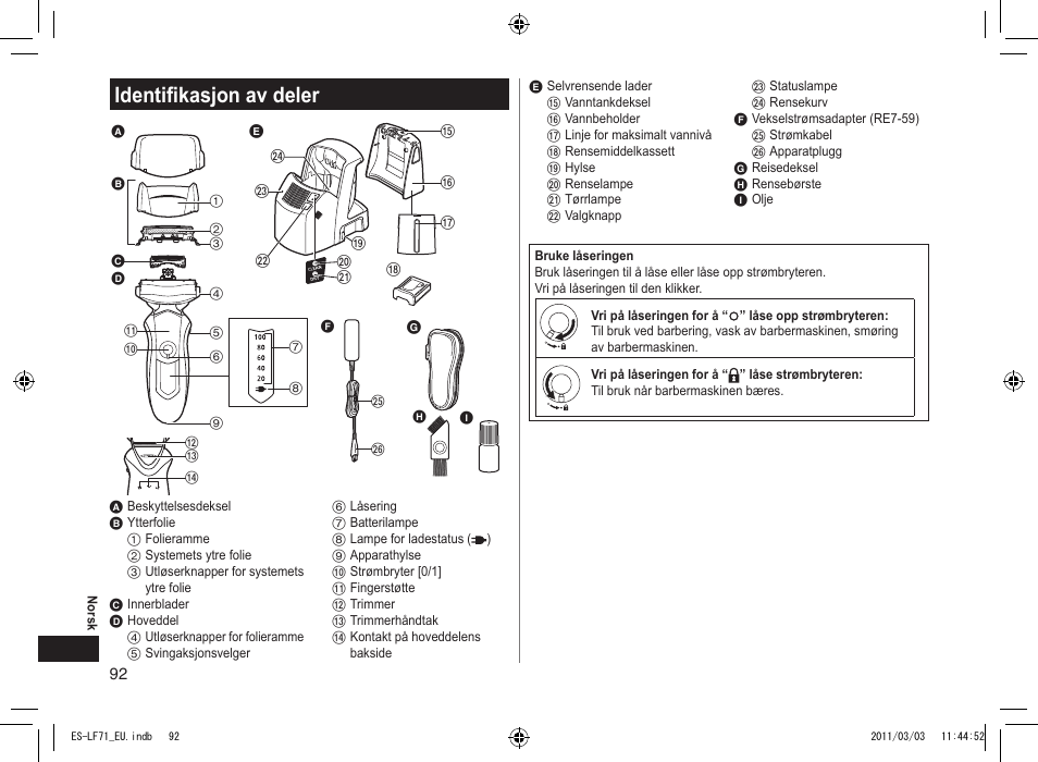 Identifikasjon av deler | Panasonic ESLF71 User Manual | Page 92 / 192