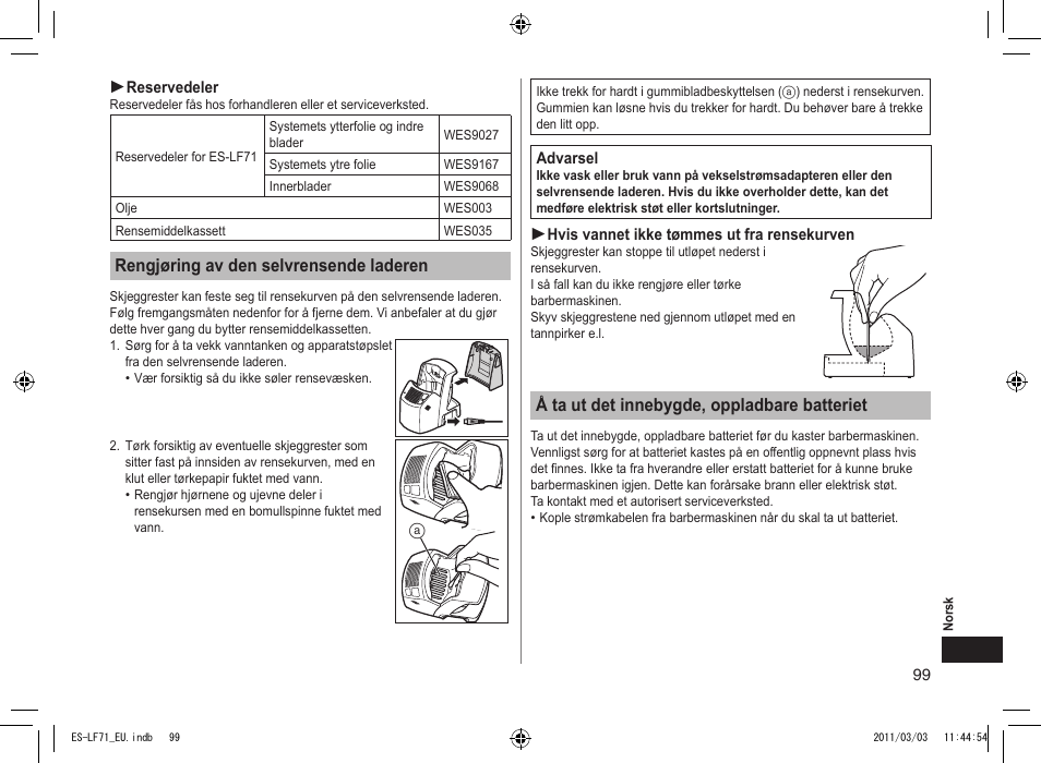 Rengjøring av den selvrensende laderen, Å ta ut det innebygde, oppladbare batteriet | Panasonic ESLF71 User Manual | Page 99 / 192