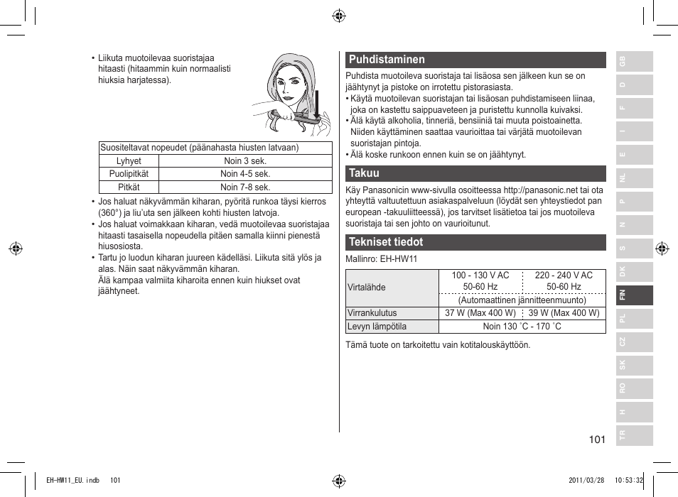 Puhdistaminen, Takuu, Teknisettiedot | Panasonic EHHW11 User Manual | Page 101 / 158