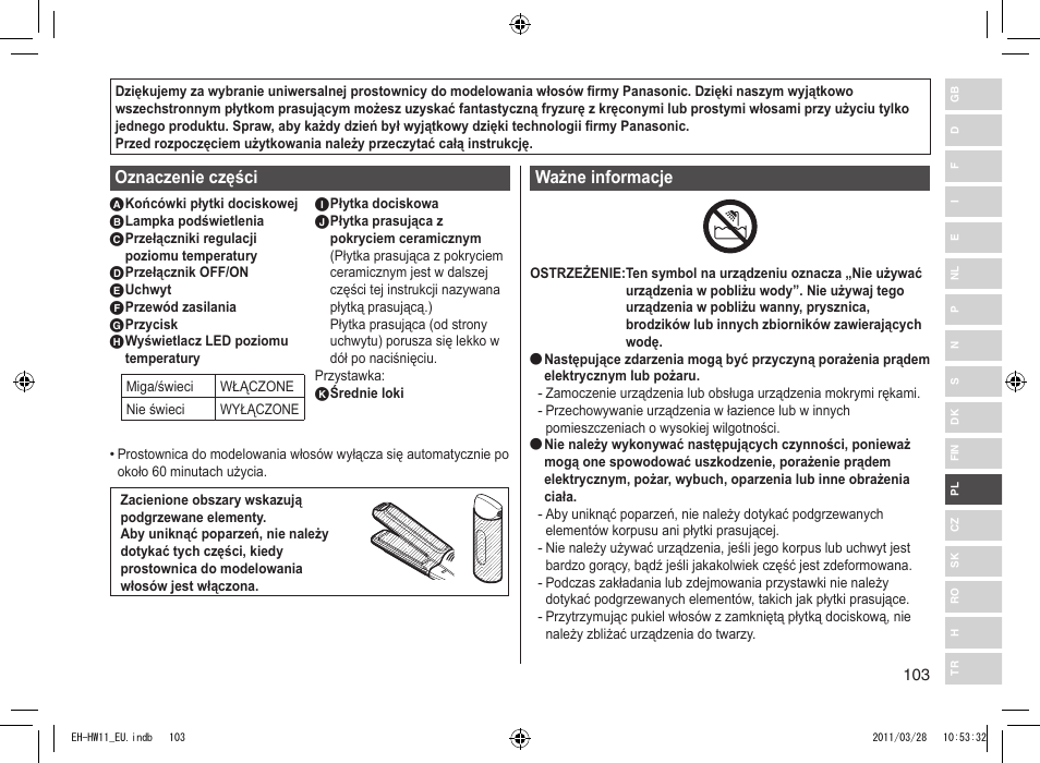 Oznaczenie części, Ważne informacje | Panasonic EHHW11 User Manual | Page 103 / 158