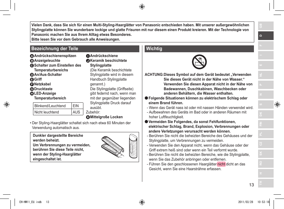 Bezeichnung der teile, Wichtig | Panasonic EHHW11 User Manual | Page 13 / 158