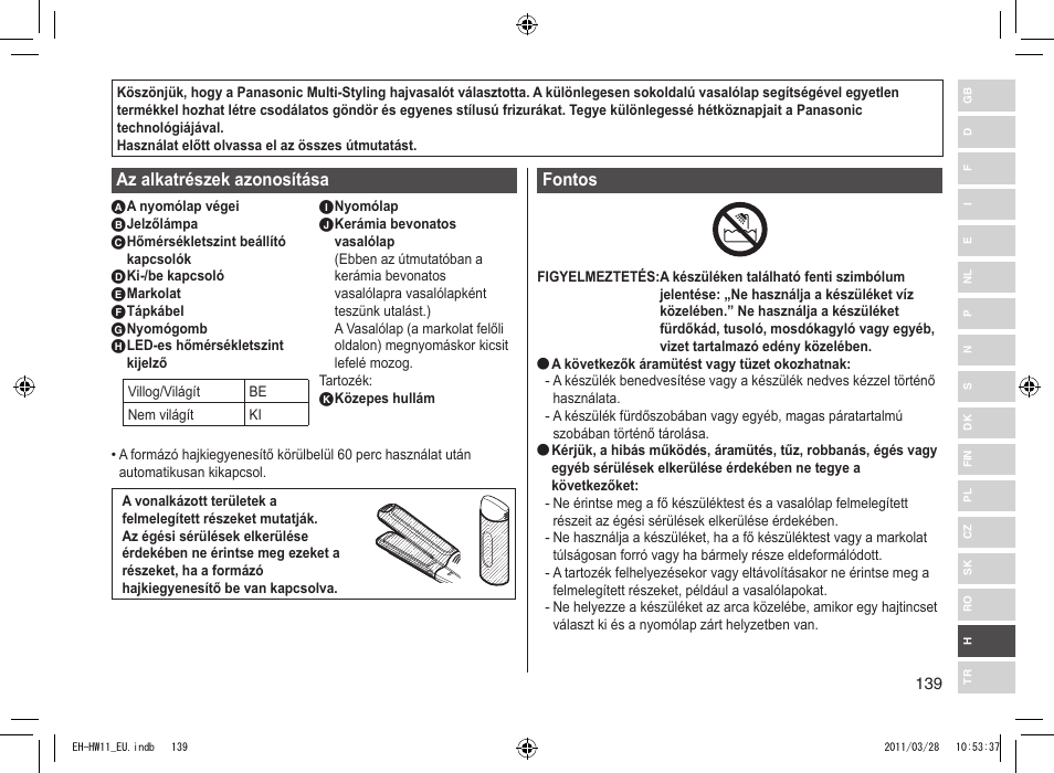 Az alkatrészek azonosítása, Fontos | Panasonic EHHW11 User Manual | Page 139 / 158