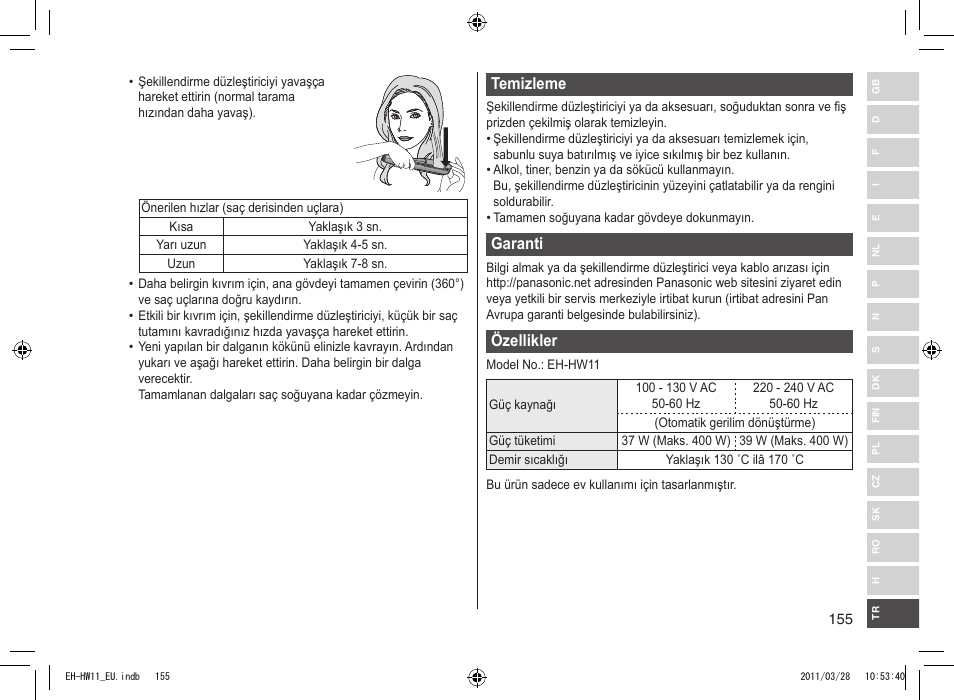 Temizleme, Garanti, Özellikler | Panasonic EHHW11 User Manual | Page 155 / 158