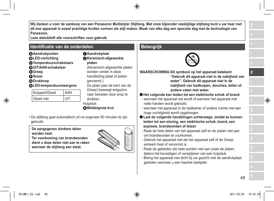 Identificatie van de onderdelen, Belangrijk | Panasonic EHHW11 User Manual | Page 49 / 158