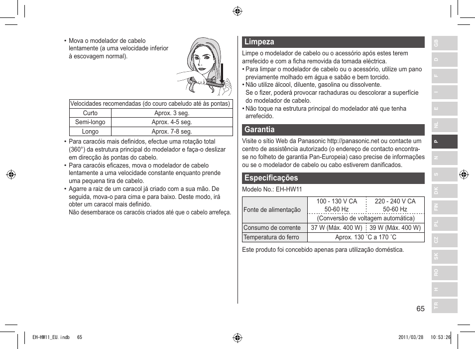 Limpeza, Garantia, Especificações | Panasonic EHHW11 User Manual | Page 65 / 158