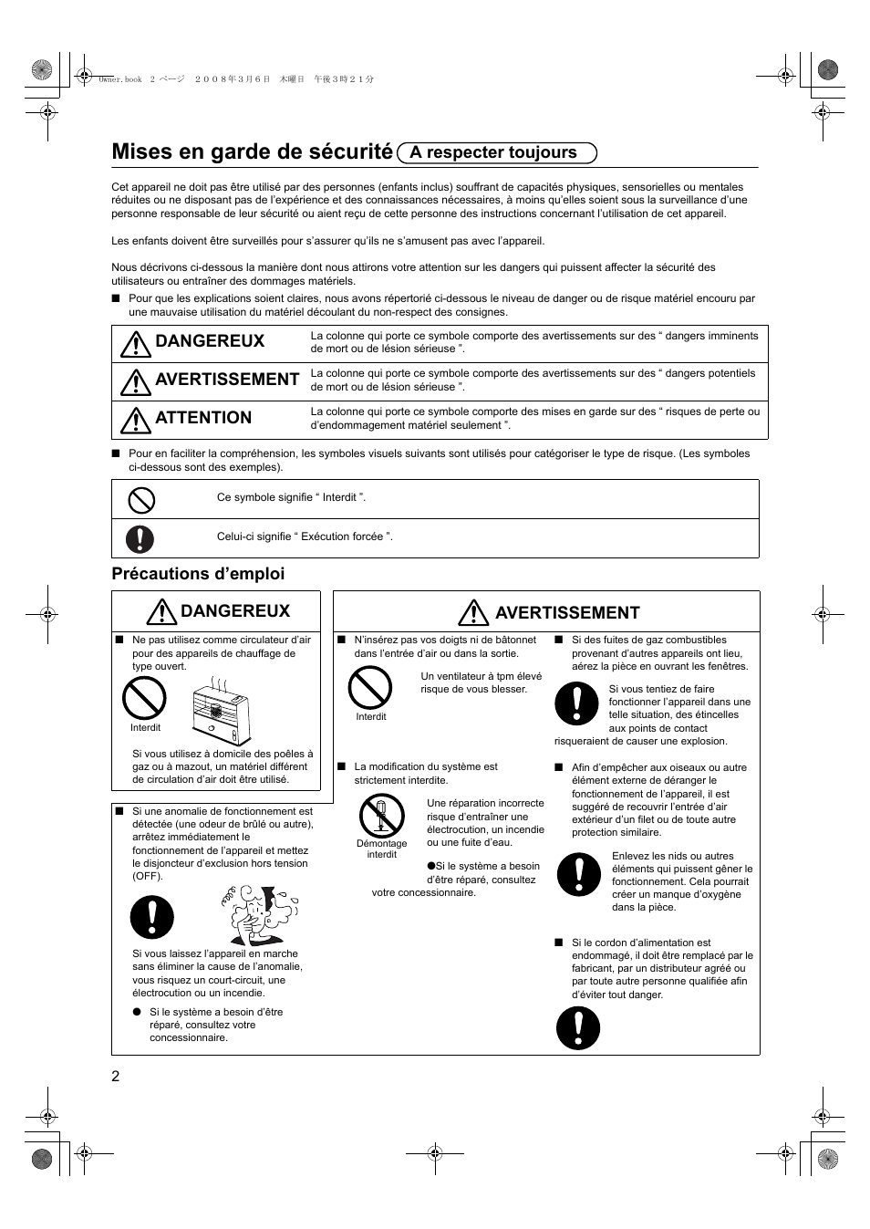 Mises en garde de sécurité, Précautions d’emploi dangereux, Avertissement | Attention, Dangereux avertissement, A respecter toujours | Panasonic FY500ZDY2 User Manual | Page 13 / 62