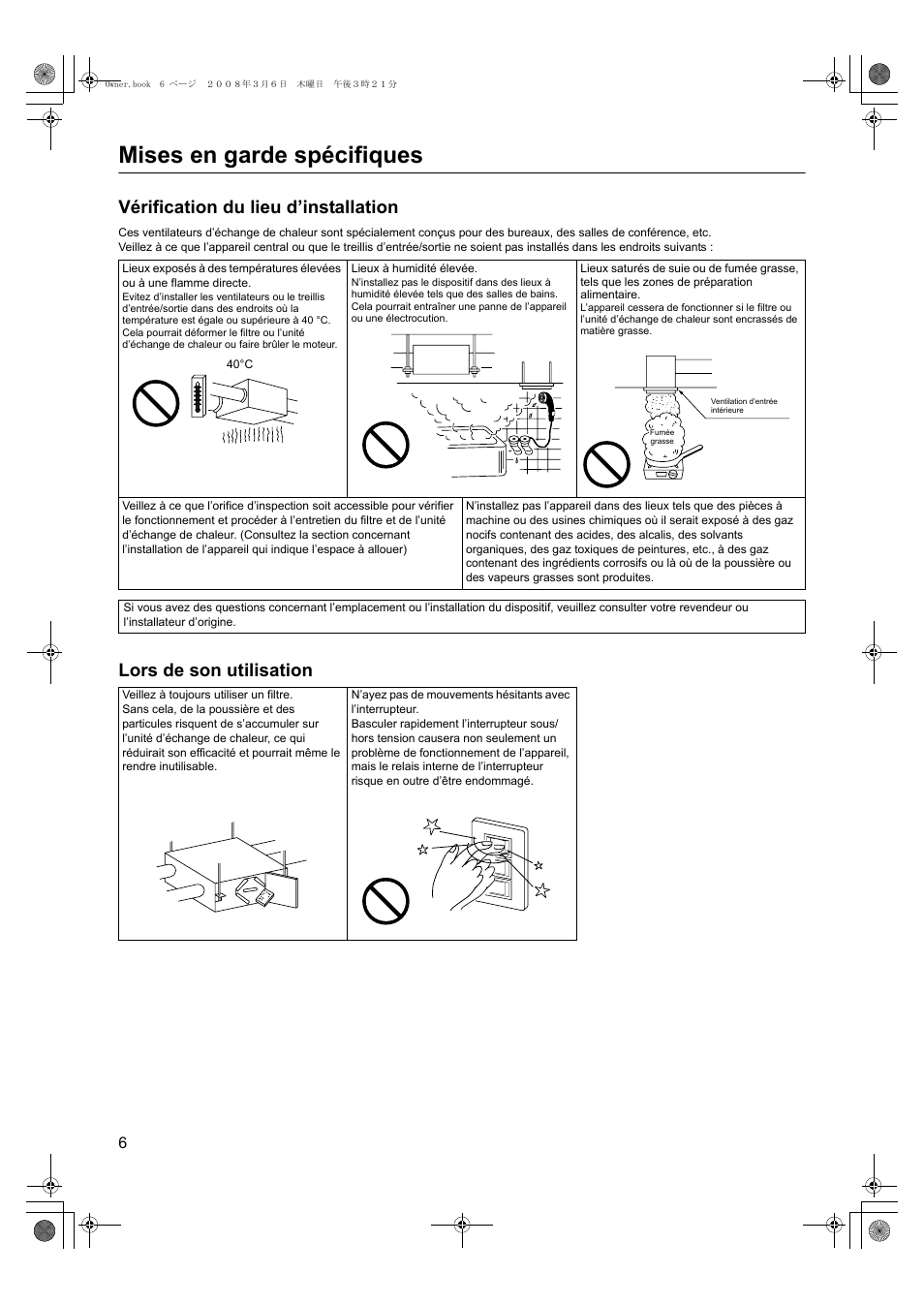 Mises en garde spécifiques, Vérification du lieu d’installation, Lors de son utilisation | Panasonic FY500ZDY2 User Manual | Page 17 / 62